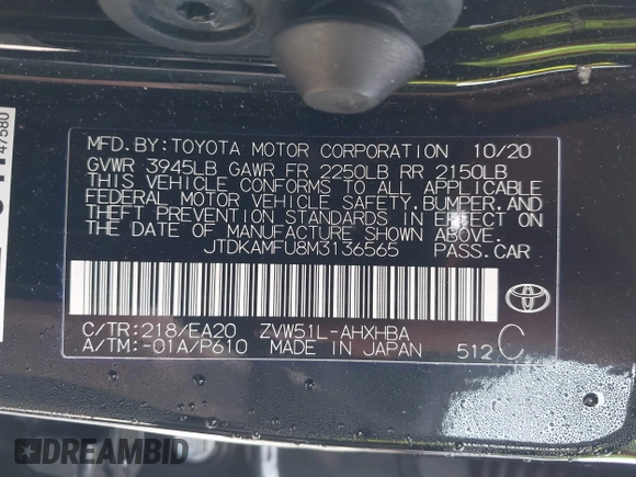2021 Toyota Prius L Eco with VIN JTDKAMFU8M3136565, listed as a IAAI auction lot 42161896 with 39,634 mi miles and . Bid and sale history available at DreamBid. Image 9.