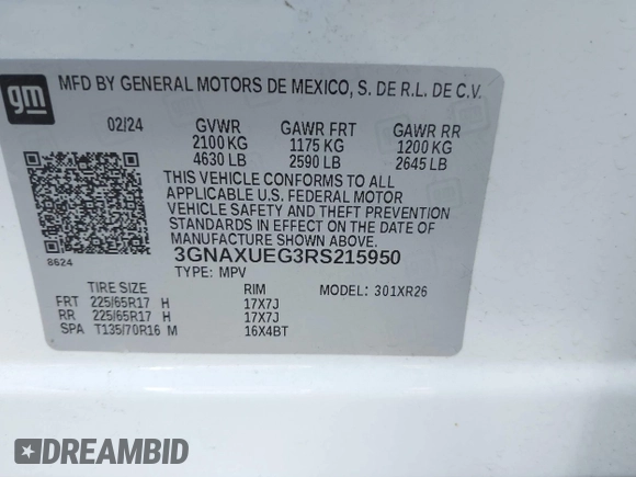 2024 Chevrolet Equinox LT with VIN 3GNAXUEG3RS215950, listed as a IAAI auction lot 42085571 with 24,145 mi miles and . Bid and sale history available at DreamBid. Image 9.