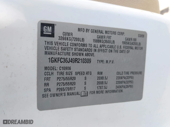 2009 GMC Yukon XL SLT w/4SB with VIN 1GKFC36J49R210309, listed as a IAAI auction lot 42025315 with 236,004 mi miles. Bid and sale history available at carsss.com. Image 9.