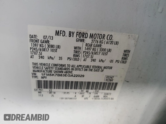 2014 Ford Explorer с VIN 1FM5K7B83EGA22029, выставлен на аукционе Copart как лот 61354955 с пробегом 158 654 миль миль и Списание • Salvage title. История ставок и продаж доступна на DreamBid. Изображение 13.