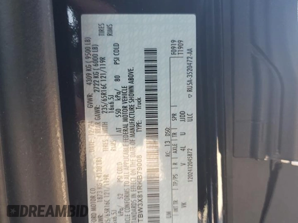 2024 Ford Transit Cargo z VIN 1FTBW3X81RKB79008, wystawiony jako Copart lot #58158005 z przebiegiem Nie podano mil oraz Szkoda całkowita • Salvage title. Historia ofert i sprzedaży dostępna na DreamBid. Obrazek 14.