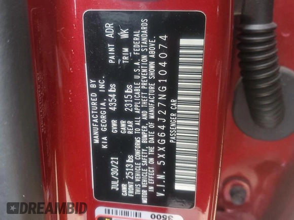 2022 Kia K5 GT-Line z VIN 5XXG64J27NG104074, wystawiony jako Copart lot #45189985 z przebiegiem 62 528 mil mil oraz Szkoda całkowita • Salvage title. Historia ofert i sprzedaży dostępna na DreamBid. Obrazek 12.