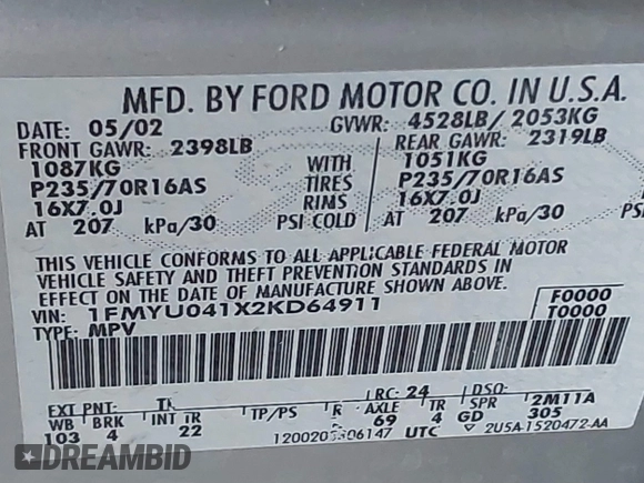 2002 Ford Escape XLT Choice с VIN 1FMYU041X2KD64911, выставлен на аукционе IAAI как лот 41590864 с пробегом 109 968 миль миль и . История ставок и продаж доступна на DreamBid. Изображение 9.