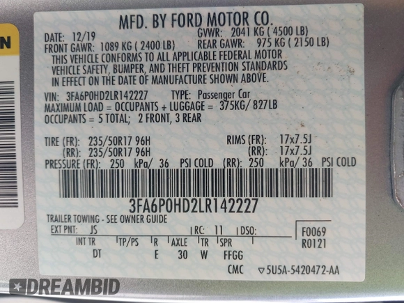 2020 Ford Fusion SE with VIN 3FA6P0HD2LR142227, listed as a IAAI auction lot 41934155 with 51,073 mi miles. Bid and sale history available at carsss.com. Image 9.