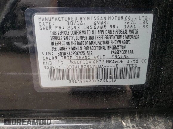 2019 Nissan Sentra S with VIN 3N1AB7AP3KY251612, listed as a Copart auction lot 78613684 with 34,970 mi miles and Salvage Title. Bid and sale history available at DreamBid. Image 12.
