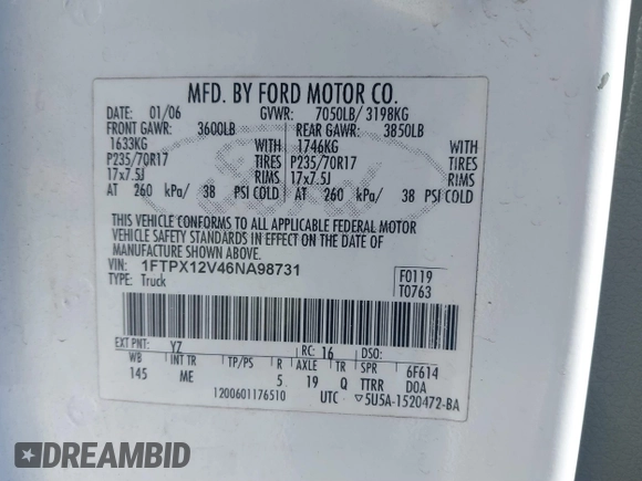 2006 Ford F-150 XL with VIN 1FTPX12V46NA98731, listed as a IAAI auction lot 41452322 with 227,107 mi miles. Bid and sale history available at carsss.com. Image 9.