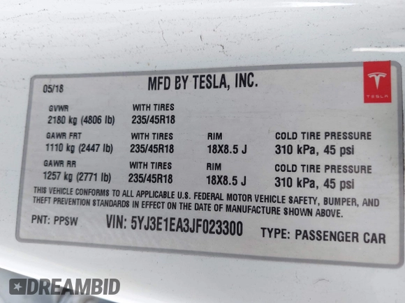 2018 Tesla Model 3 Long Range Battery with VIN 5YJ3E1EA3JF023300, listed as a IAAI auction lot 41925504 with 100,512 mi miles and . Bid and sale history available at DreamBid. Image 9.