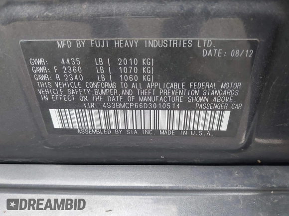 2013 Subaru Legacy Limited with VIN 4S3BMCP66D3010514, listed as a IAAI auction lot 42102821 with 180,181 mi miles and . Bid and sale history available at DreamBid. Image 9.