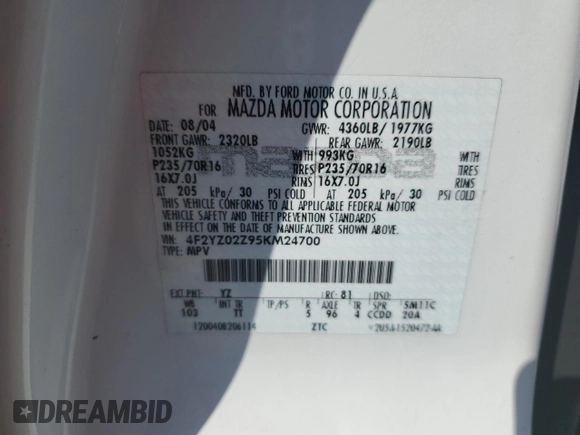 2005 Mazda Tribute i with VIN 4F2YZ02Z95KM24700, listed as a Copart auction lot 42002775 with 128,891 mi miles and Salvage Title. Bid and sale history available at carsss.com. Image 12.