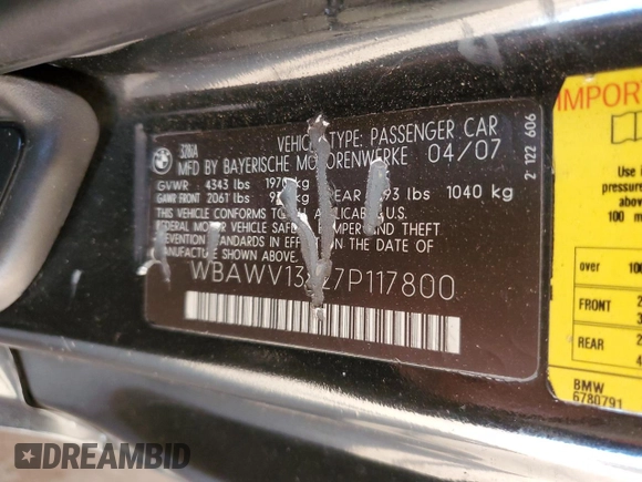2007 BMW 3 Series 328i with VIN WBAWV13527P117800, listed as a Copart auction lot 88556335 with 173,268 mi miles and Salvage title. Bid and sale history available at DreamBid. Image 14.