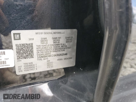 2019 Chevrolet Suburban LT with VIN 1GNSKHKC6KR202548, listed as a Copart auction lot 60195714 with 156,087 mi miles and Salvage Title. Bid and sale history available at DreamBid. Image 13.