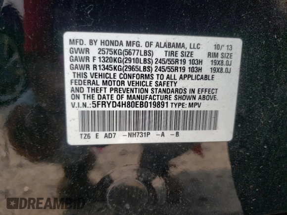 2014 Acura MDX Advance with VIN 5FRYD4H80EB019891, listed as a Copart auction lot 57969825 with 150,111 mi miles and Salvage title. Bid and sale history available at DreamBid. Image 13.