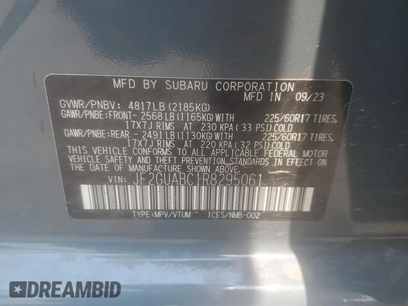 2024 Subaru Crosstrek with VIN JF2GUABC1R8295061, listed as a Copart auction lot 59364855 with 8,877 mi miles and Salvage title. Bid and sale history available at DreamBid. Image 13.