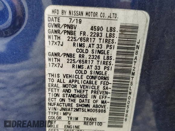 2020 Nissan Rogue S with VIN JN8AT2MT5LW005986, listed as a Copart auction lot 59542245 with 88,318 mi miles and Salvage title. Bid and sale history available at DreamBid. Image 13.
