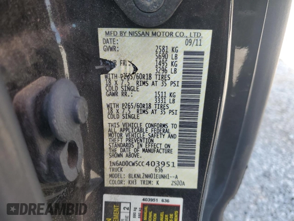 2012 Nissan Frontier SV with VIN 1N6AD0CW5CC403951, listed as a Copart auction lot 62068375 with 105,232 mi miles and Salvage title. Bid and sale history available at DreamBid. Image 12.
