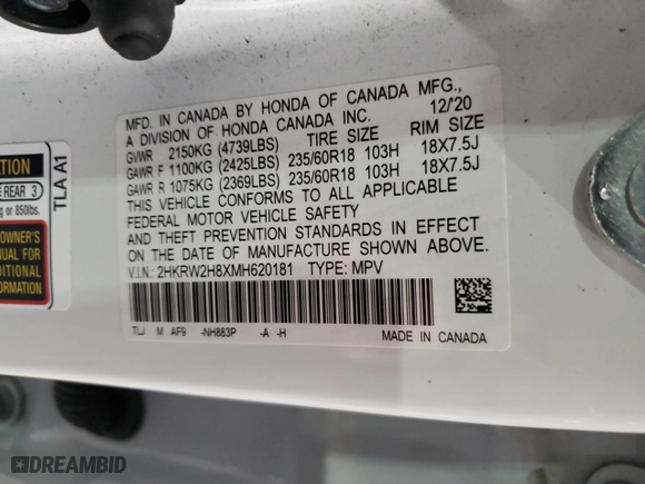2021 Honda CR-V EX-L with VIN 2HKRW2H8XMH620181, listed as a Copart auction lot 47606705 with 37,410 mi miles and Salvage Title. Bid and sale history available at carsss.com. Image 13.
