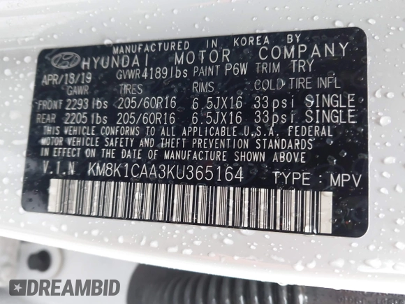 2019 Hyundai Kona SE with VIN KM8K1CAA3KU365164, listed as a IAAI auction lot 41967249 with 46,820 mi miles. Bid and sale history available at carsss.com. Image 9.