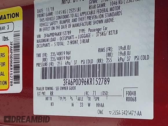2019 Ford Fusion Titanium с VIN 3FA6P0D96KR152789, выставлен на аукционе IAAI как лот 42523192 с пробегом Не указан миль и . История ставок и продаж доступна на DreamBid. Изображение 9.