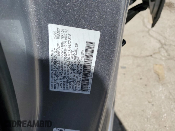 2023 Honda Odyssey Touring with VIN 5FNRL6H8XPB043493, listed as a Copart auction lot 53166015 with 34,615 mi miles and Salvage Title. Bid and sale history available at DreamBid. Image 13.