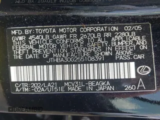 2005 Lexus ES 350 с VIN JTHBA30G255108391, выставлен на аукционе IAAI как лот 42269524 с пробегом 176 181 миль миль и . История ставок и продаж доступна на DreamBid. Изображение 9.
