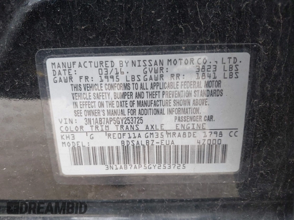 2016 Nissan Sentra SV with VIN 3N1AB7AP5GY253725, listed as a IAAI auction lot 42126827 with 239,708 mi miles and . Bid and sale history available at DreamBid. Image 9.
