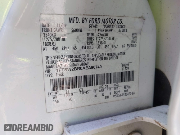 2010 Ford F-250 XL with VIN 1FTSW2BR0AEA90740, listed as a IAAI auction lot 42592299 with 115,200 mi miles and . Bid and sale history available at DreamBid. Image 9.