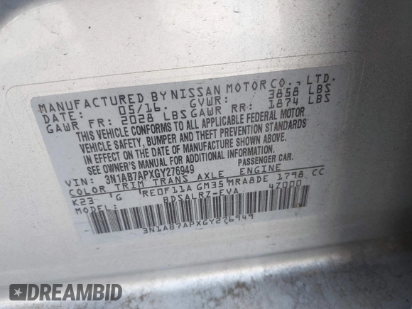 2016 Nissan Sentra S with VIN 3N1AB7APXGY276949, listed as a IAAI auction lot 41668386 with 162,143 mi miles and . Bid and sale history available at DreamBid. Image 9.