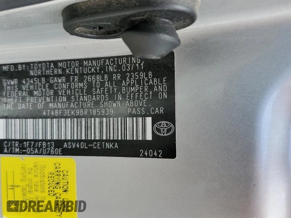2011 Toyota Camry LE with VIN 4T4BF3EK9BR185939, listed as a Copart auction lot 62217395 with 122,697 mi miles and Salvage title. Bid and sale history available at DreamBid. Image 12.