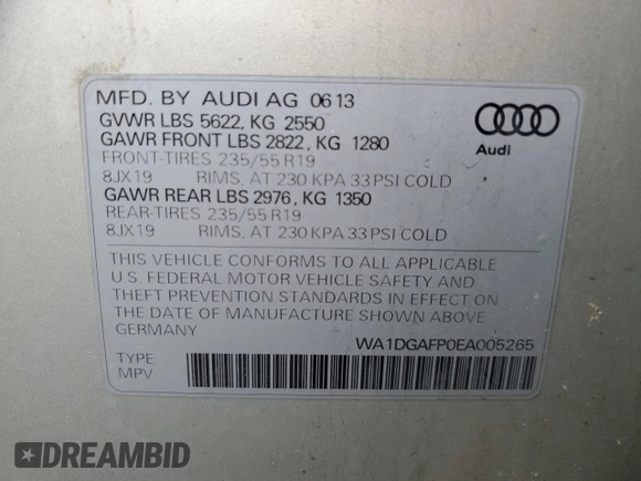 2014 Audi Q5 Premium Plus with VIN WA1DGAFP0EA005265, listed as a Copart auction lot 56697635 with 104,632 mi miles and Salvage title. Bid and sale history available at DreamBid. Image 13.