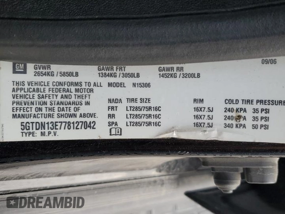 2007 Hummer H3 SUV with VIN 5GTDN13E778127042, listed as a Copart auction lot 83045194 with 269,154 mi miles and Salvage Title. Bid and sale history available at DreamBid. Image 13.