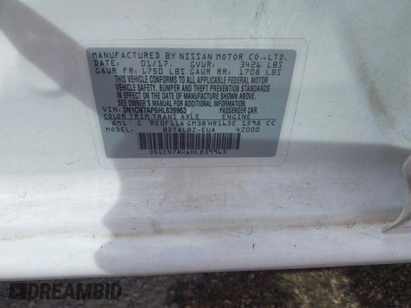 2017 Nissan Versa SV z VIN 3N1CN7AP6HL839963, wystawiony jako IAAI lot #41740229 z przebiegiem 98 067 mil mil oraz . Historia ofert i sprzedaży dostępna na DreamBid. Obrazek 9.