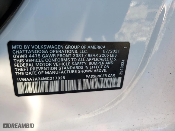 2021 Volkswagen Passat 2.0T S with VIN 1VWAA7A34MC017825, listed as a Copart auction lot 86166634 with 24,679 mi miles and Salvage Title. Bid and sale history available at carsss.com. Image 13.