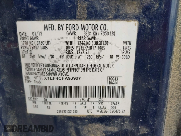 2012 Ford F-150 XL with VIN 1FTFX1EF4CFA96967, listed as a IAAI auction lot 41423830 with 215,958 mi miles. Bid and sale history available at carsss.com. Image 9.