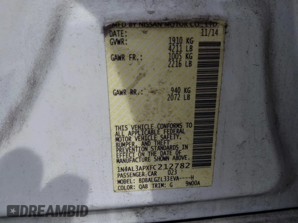2015 Nissan Altima 2.5 S with VIN 1N4AL3APXFC212782, listed as a IAAI auction lot 41838104 with 109,010 mi miles. Bid and sale history available at carsss.com. Image 9.