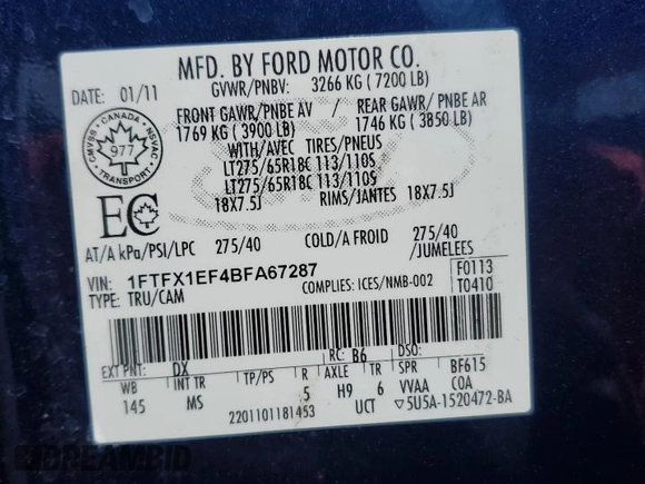 2011 Ford F-150 XL with VIN 1FTFX1EF4BFA67287, listed as a Copart auction lot 64057305 with 185,075 mi miles and Salvage title. Bid and sale history available at DreamBid. Image 12.