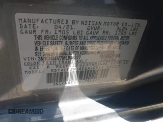 2021 Nissan Versa SV with VIN 3N1CN8EV7ML886377, listed as a IAAI auction lot 42099853 with 37,412 mi miles. Bid and sale history available at carsss.com. Image 9.