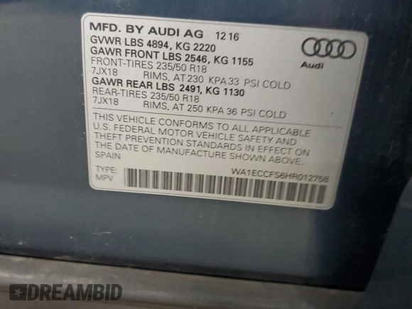 2017 Audi Q3 Premium with VIN WA1ECCFS6HR012758, listed as a Copart auction lot 59542115 with 178,653 mi miles and Clean title. Bid and sale history available at DreamBid. Image 12.
