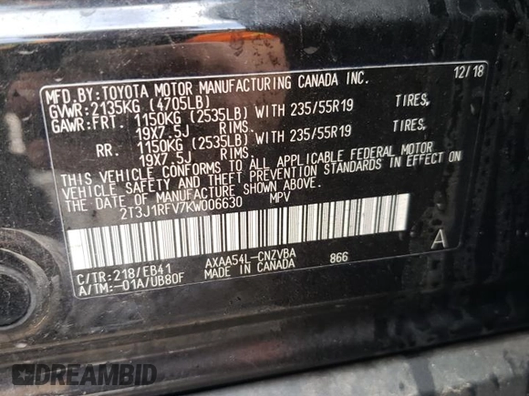 2019 Toyota RAV4 Adventure with VIN 2T3J1RFV7KW006630, listed as a Copart auction lot 44582775 with 52,174 mi miles and Salvage title. Bid and sale history available at DreamBid. Image 15.