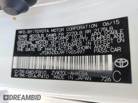 2015 Toyota Prius Four with VIN JTDKN3DU9F1965497, listed as a Copart auction lot 62554965 with 70,181 mi miles and Salvage title. Bid and sale history available at DreamBid. Image 12.