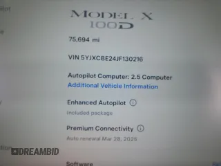 2018 Tesla Model X 75D with VIN 5YJXCBE24JF130216, listed as a Copart auction lot 48894215 with 75,694 mi miles and Salvage Title. Bid and sale history available at carsss.com. Image 9.