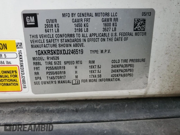 2013 GMC Acadia SLT z VIN 1GKKRSKDXDJ246519, wystawiony jako Copart lot #89271005 z przebiegiem Nie podano mil oraz Szkoda całkowita • Salvage title. Historia ofert i sprzedaży dostępna na DreamBid. Obrazek 14.