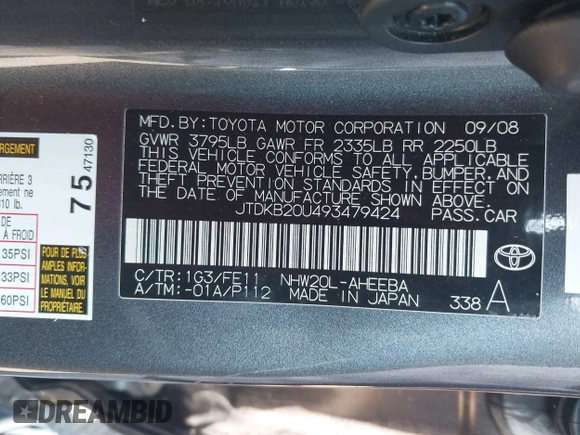 2009 Toyota Prius with VIN JTDKB20U493479424, listed as a IAAI auction lot 41604031 with 162,016 mi miles. Bid and sale history available at carsss.com. Image 9.