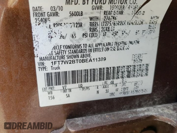 2011 Ford F-250 XL with VIN 1FT7W2BT0BEA11389, listed as a Copart auction lot 47743425 with 324,970 mi miles and Clean title. Bid and sale history available at DreamBid. Image 12.