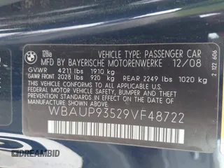 2009 BMW 1 Series 128i with VIN WBAUP93529VF48722, listed as a IAAI auction lot 42274781 with 108,528 mi miles and . Bid and sale history available at DreamBid. Image 9.