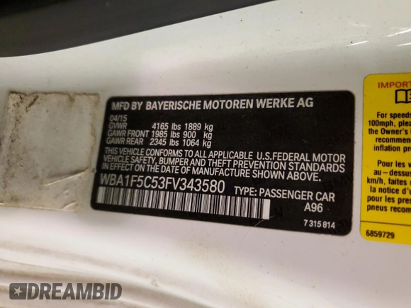 2015 BMW 2 Series 228i with VIN WBA1F5C53FV343580, listed as a Copart auction lot 84035754 with 63,537 mi miles and Salvage Title. Bid and sale history available at carsss.com. Image 14.