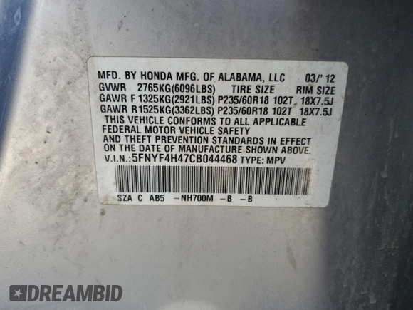 2012 Honda Pilot EX with VIN 5FNYF4H47CB044468, listed as a Copart auction lot 48815315 with 208,536 mi miles and Salvage Title. Bid and sale history available at DreamBid. Image 15.