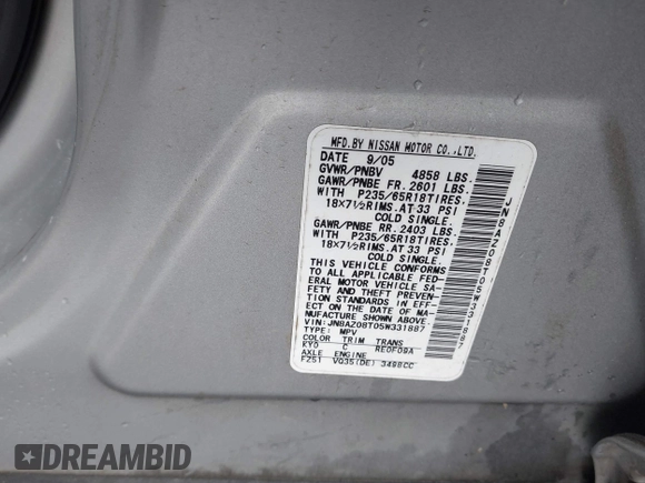 2005 Nissan Murano SL z VIN JN8AZ08T05W331887, wystawiony jako IAAI lot #42284272 z przebiegiem 176 788 mil mil oraz . Historia ofert i sprzedaży dostępna na DreamBid. Obrazek 9.