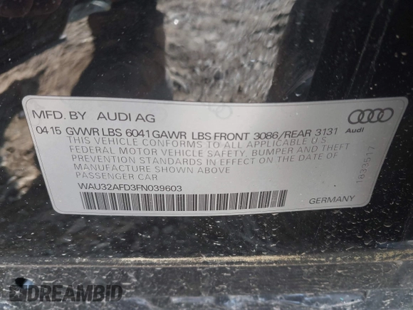 2015 Audi A8 4.0T with VIN WAU32AFD3FN039603, listed as a IAAI auction lot 42267467 with 120,393 mi miles and . Bid and sale history available at DreamBid. Image 9.