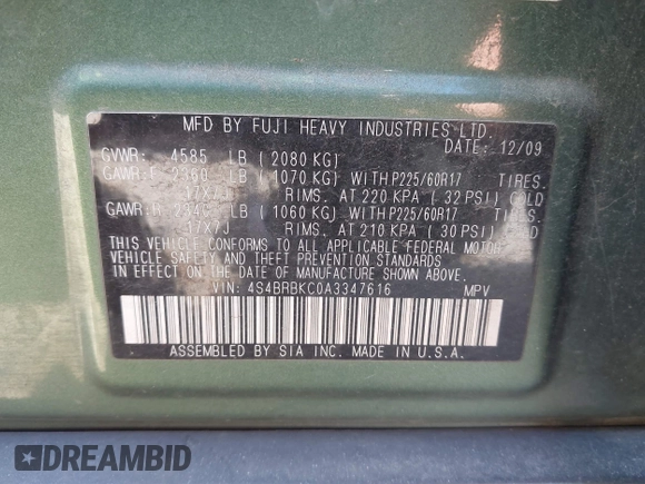 2010 Subaru Outback Limited Power Moon с VIN 4S4BRBKC0A3347616, выставлен на аукционе IAAI как лот 42708486 с пробегом 210 611 миль миль и . История ставок и продаж доступна на DreamBid. Изображение 9.