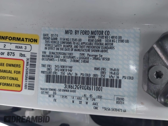 2016 Lincoln MKZ with VIN 3LN6L2G9XGR611001, listed as a IAAI auction lot 41556560 with 95,490 mi miles and . Bid and sale history available at DreamBid. Image 9.